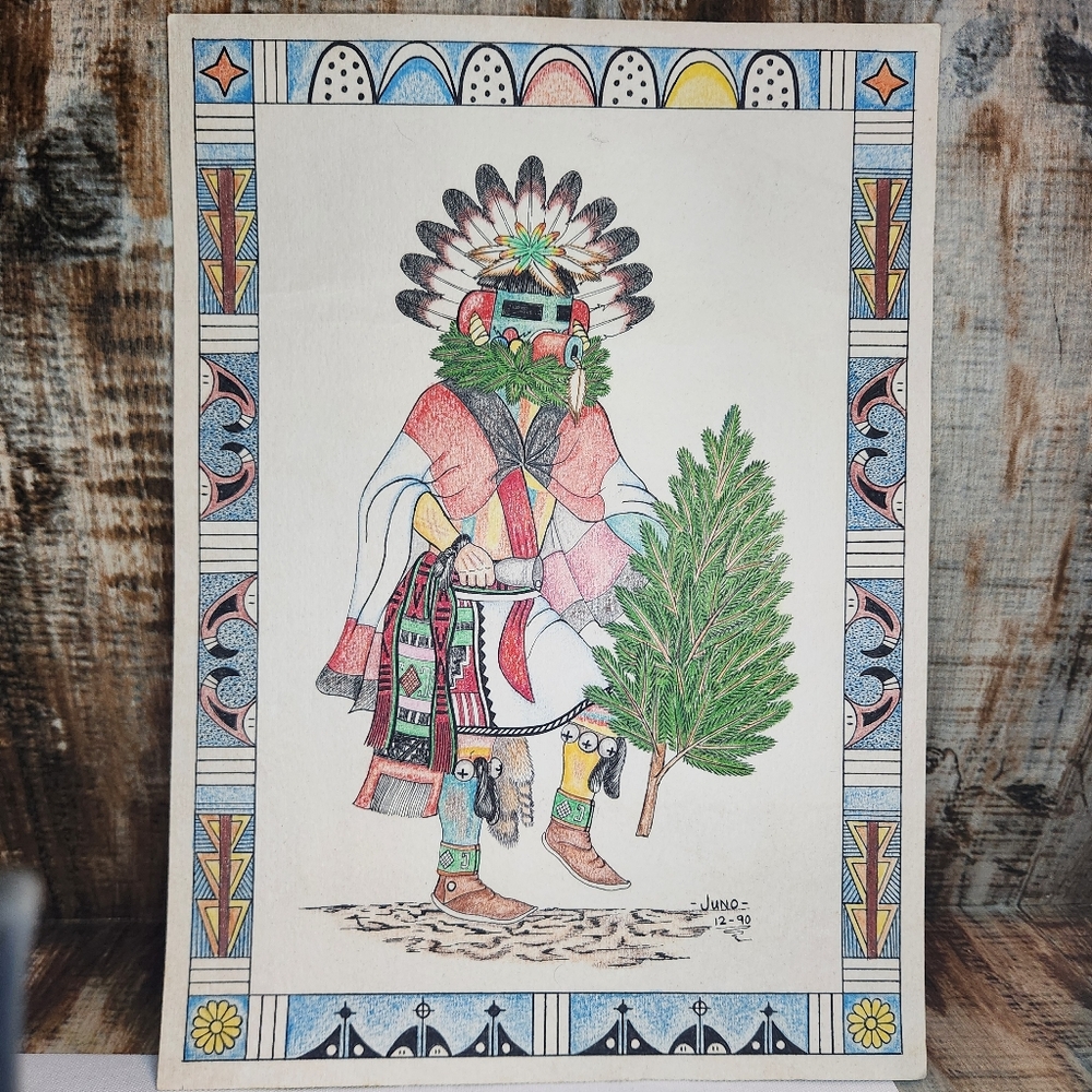 Unframed Vintage Native American Kachina Drawing Artist Signed Juno 1990 Picture